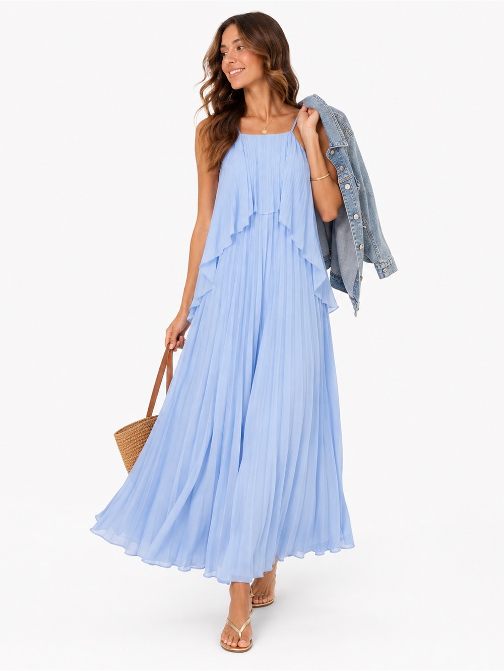NWT ASOS Light Sky Blue Pleated Maxi Influencer Dress with Cascade Overlay Sz 0